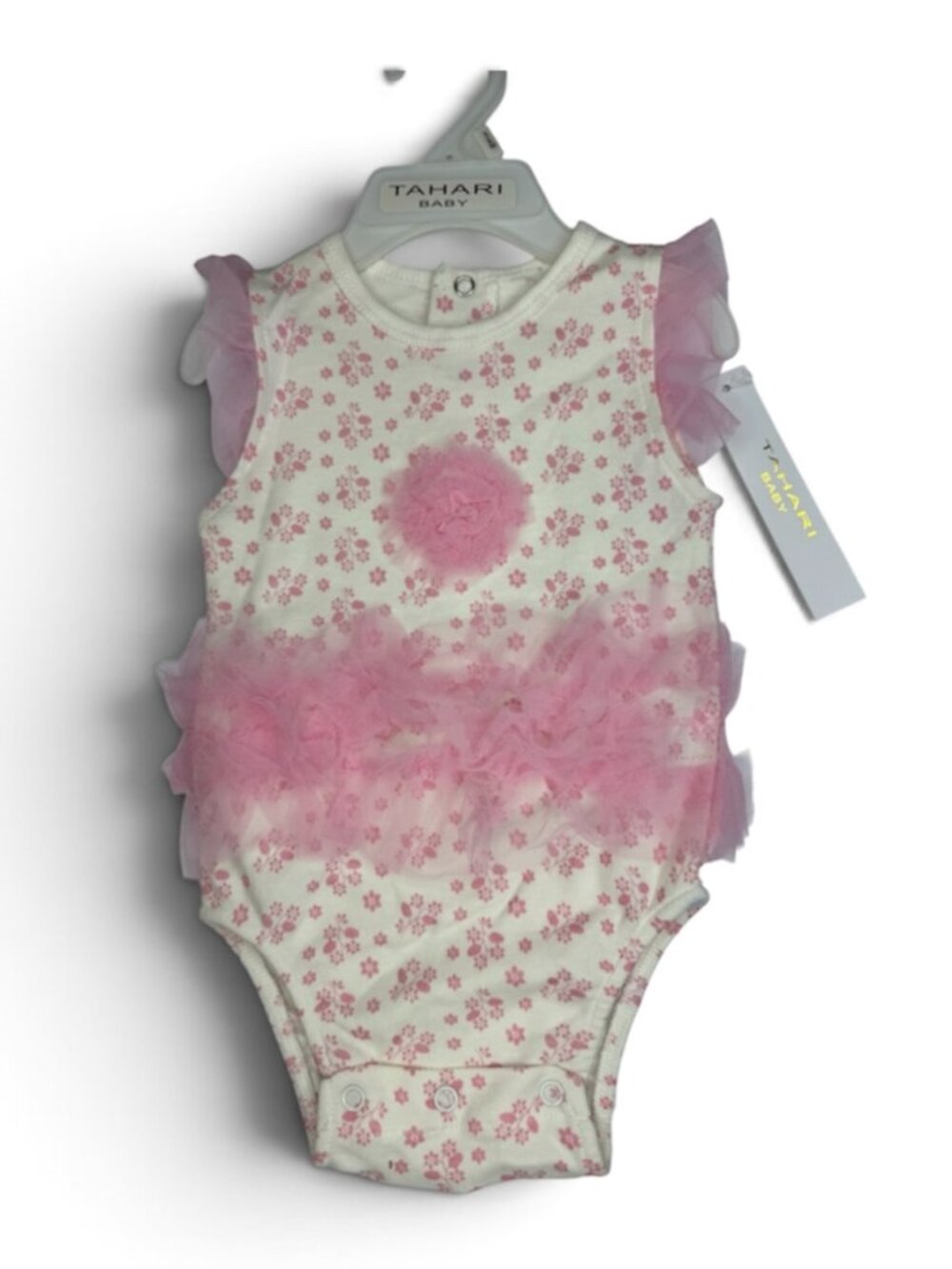 Tahari Baby Girl Pink Floral Tutu Bodysuit 3–6 Months Flutter Sleeve NWT